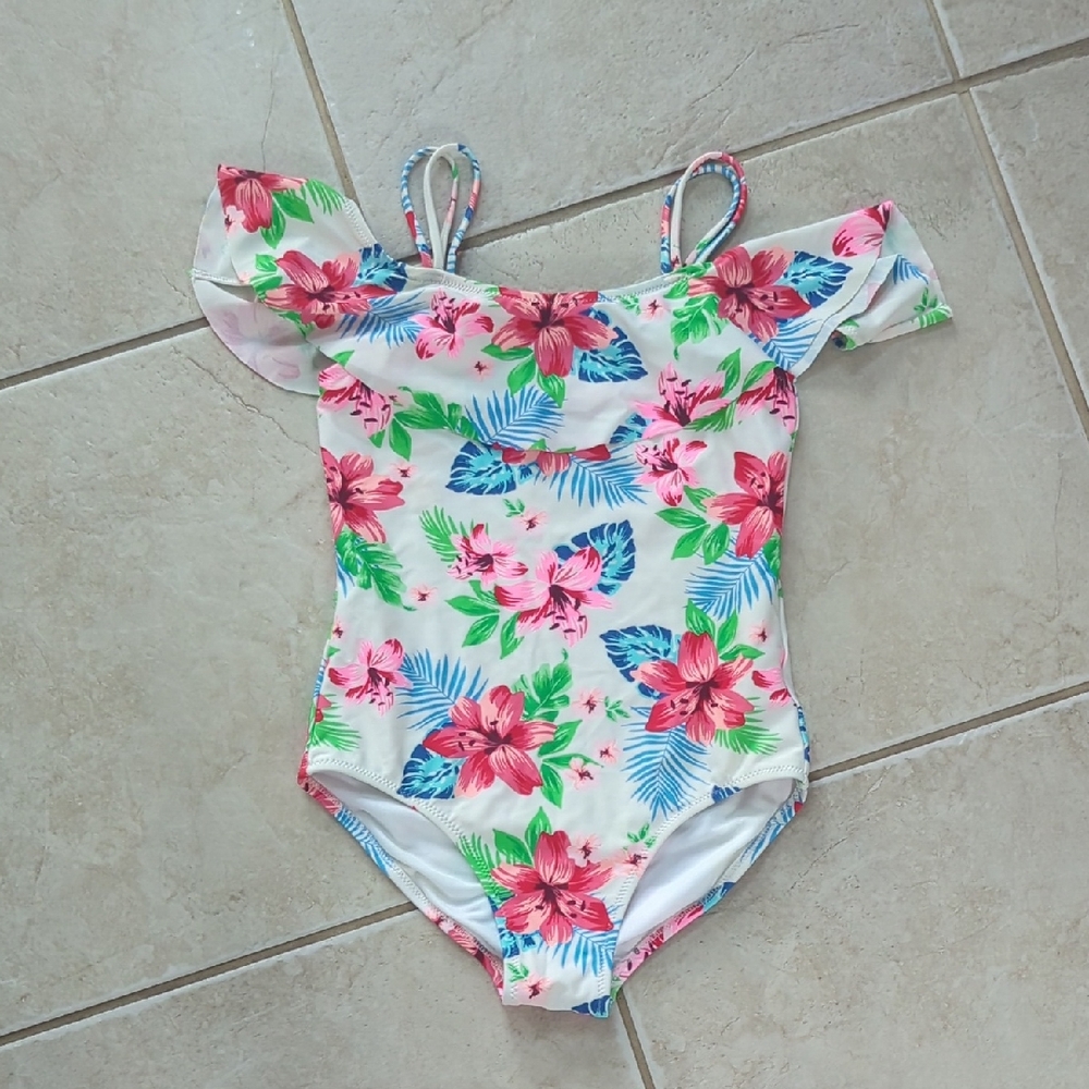 Floral Off-Shoulder Swimsuit Hawaiian Tropical Beach Vacation Girls Size 12